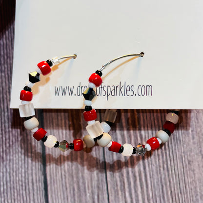Scarlet and gray beaded stainless steel silver hoop earrings