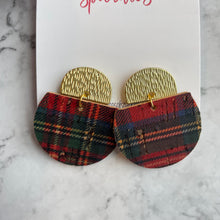 Load image into Gallery viewer, holiday plaid crescent semi circle leather earrings
