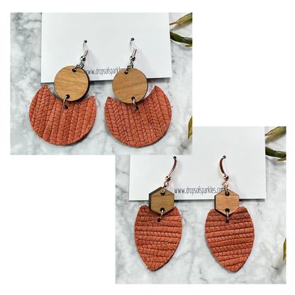orange braided genuine leather and wood earrings